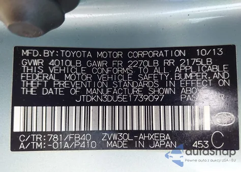 2014 Toyota Prius Two z USA, uszkodzony, nr VIN JTDKN3DU5E1739097